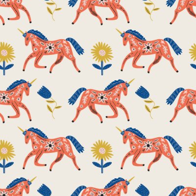 Behang Gedessineerde paarden in boho-stijl