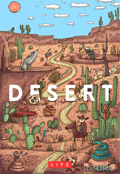 Behang Gedetailleerde kleurrijke vector illustratie. Wild life in de woestijn met dieren, vogels en planten