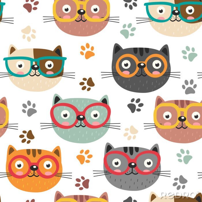 Behang Geïllustreerde katten met gekleurde brillen