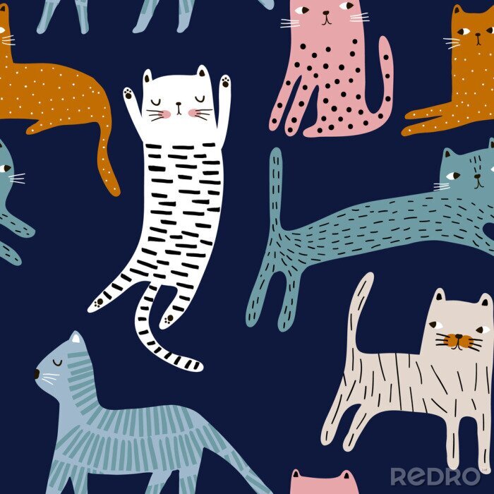 Behang Geïllustreerde kleurrijke katten op een marineblauwe achtergrond