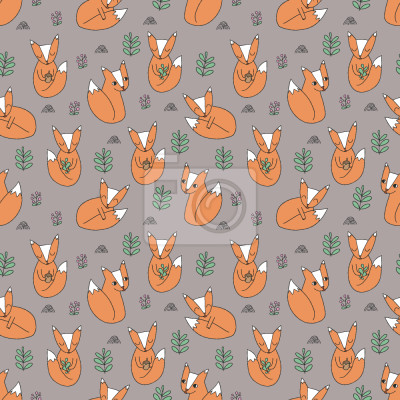 Behang Geïllustreerde vossen en bladeren