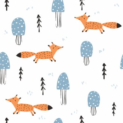 Behang Geïllustreerde vossen en blauwe bomen