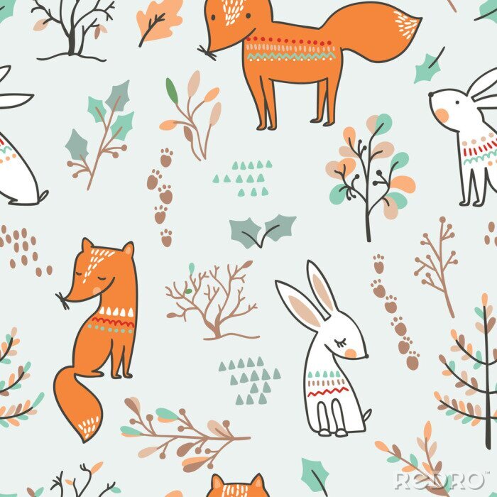 Behang Geïllustreerde vossen en planten met bladeren