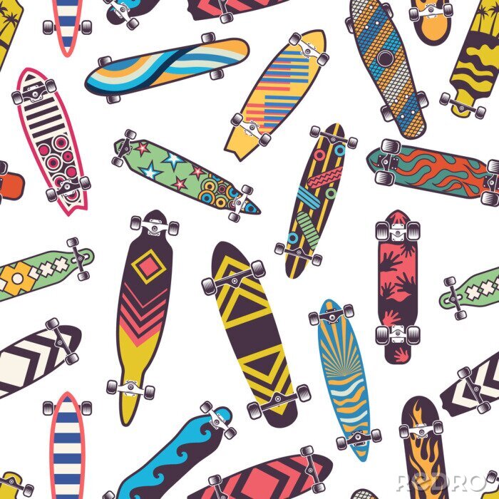 Behang Gekleurd naadloos patroon met diverse skateboards