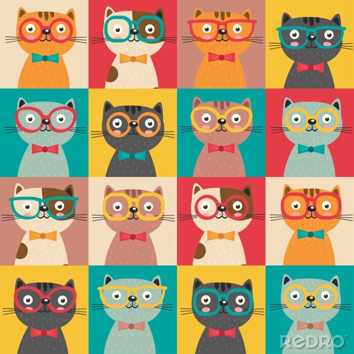 Behang Gekleurde katten met bril en strikjes