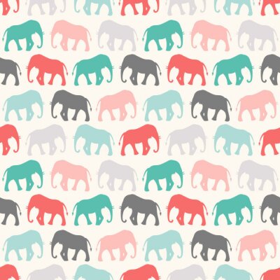 Behang Gekleurde silhouetten van olifanten op een beige achtergrond