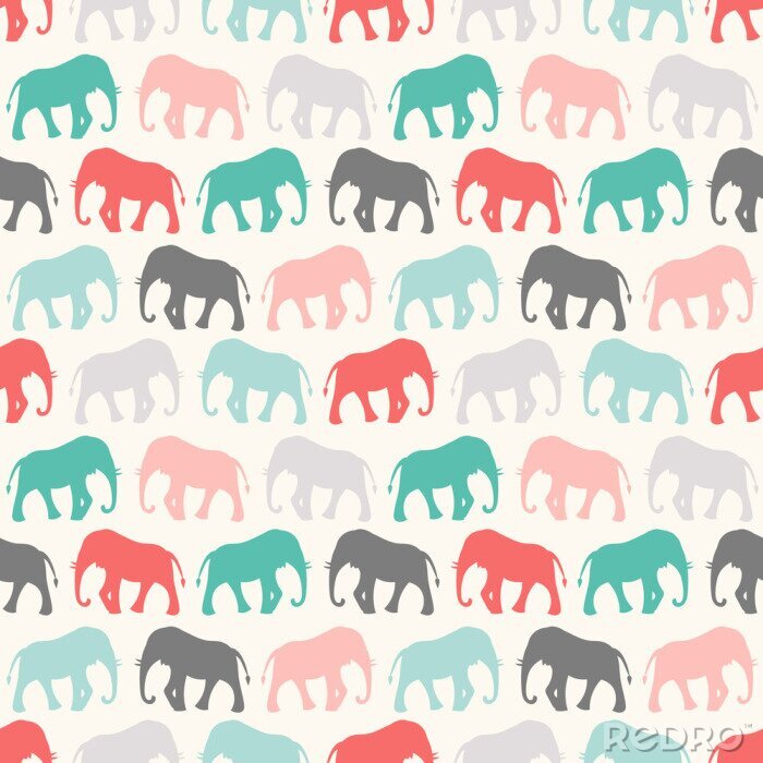 Behang Gekleurde silhouetten van olifanten op een beige achtergrond