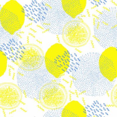 Behang Gele citroenen en blauw stippatroon