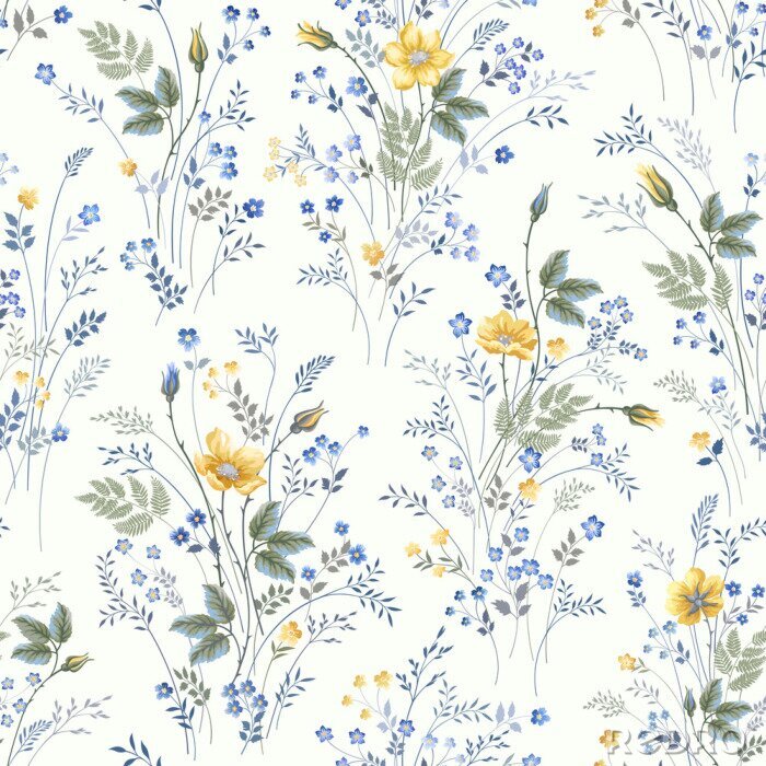 Behang Gele en blauwe veldbloemen