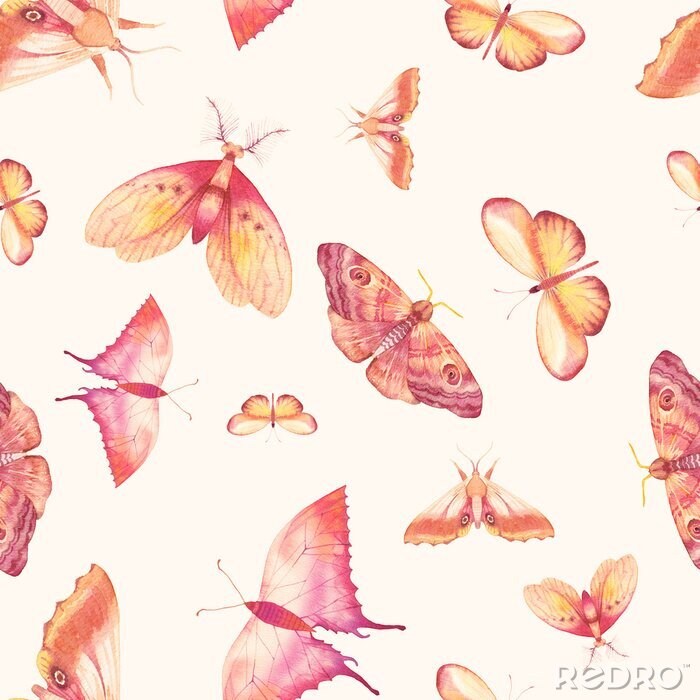 Behang Gele en roze aquarel vlinders