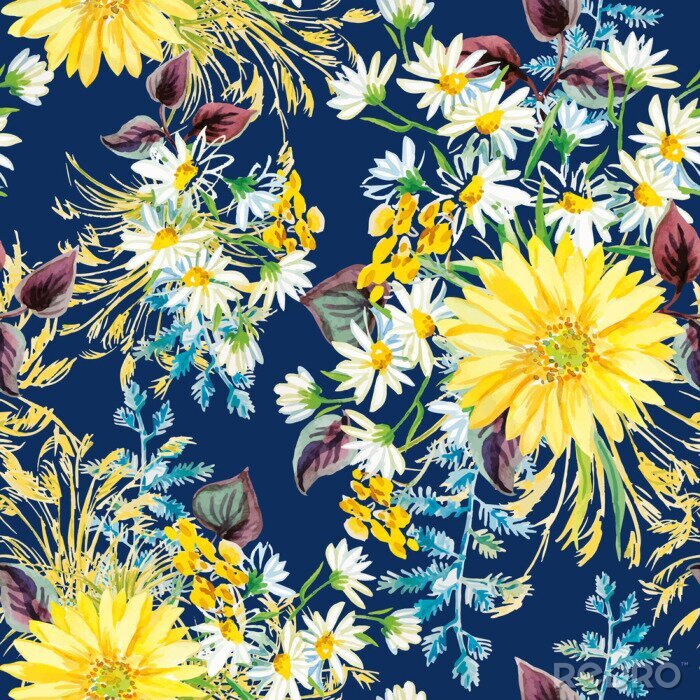 Behang Gele en witte bloemen met violette bladeren en bloemen elementen op de donkerblauwe achtergrond. Watercolor naadloze patroon met zomerbloemen. Gerbera en madeliefjes.