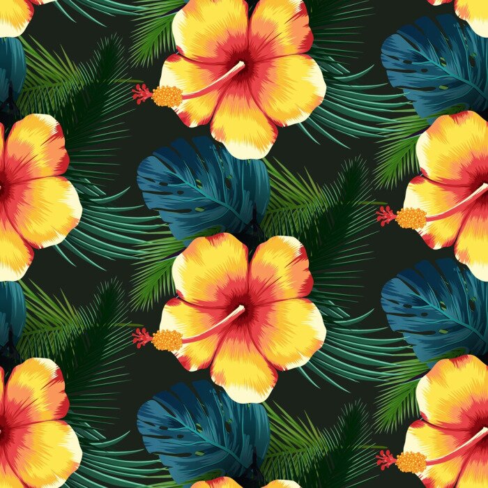 Behang Gele exotische bloemen en bladeren