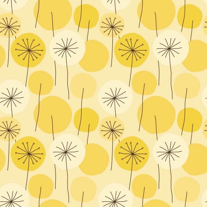 Behang Gele grafische paardebloemen en witte zonnebloemen