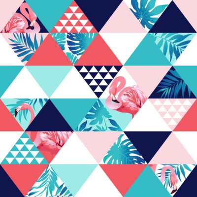 Behang Geometrisch patroon met flamingo's en bladeren