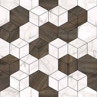 Behang Geometrisch patroon met marmeren en houten elementen