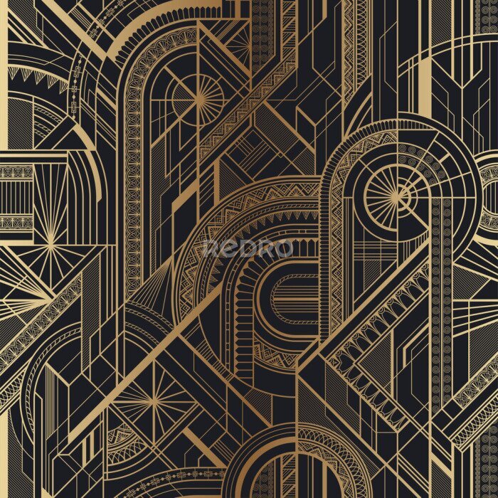 Behang Geometrisch patroon op zwarte achtergrond in art deco stijl