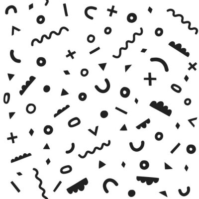 Geometrisch vectorpatroon in de stijl van Memphis. Grafische abstracte seamlesachtergrond met hand getrokken vormen. Ronden, lijnen, zigzags, kruis, wolken.