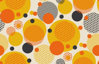 Geometrische cirkel naadloze patroon vectorillustratie in retro 60s stijl. Vintage jaren 1970 bal vormen abstract motief in warme oranje en gele kleuren voor tapijt, inpakpapier, stof, achtergrond ...