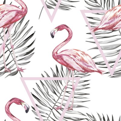 Behang Geometrische vormen en flamingo's