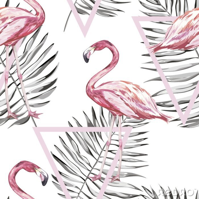Behang Geometrische vormen en flamingo's