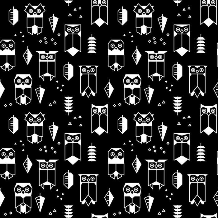 Behang Geometrische witte uilen op een zwarte achtergrond