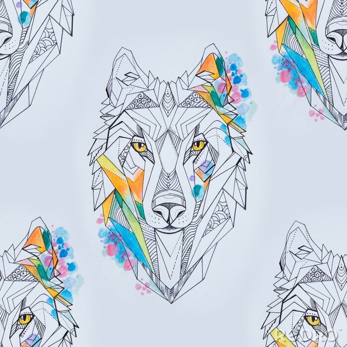 Behang Geometrische wolvenkoppen en kleuren