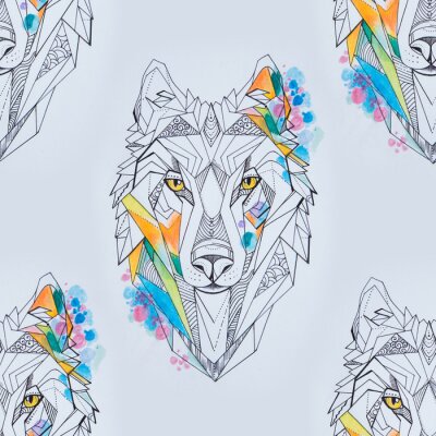 Behang Geometrische wolvenkoppen en kleuren