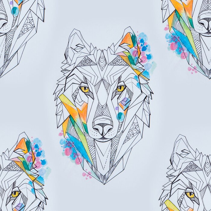 Behang Geometrische wolvenkoppen en kleuren