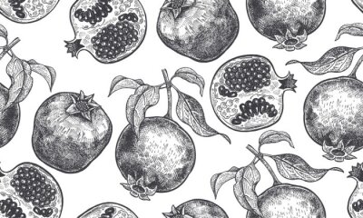 Behang Geschetst granaatappelfruit met bladeren