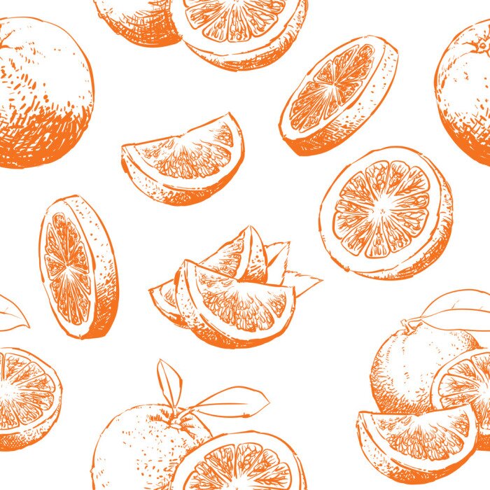 Behang Geschetste sinaasappelen geheel en in stukjes