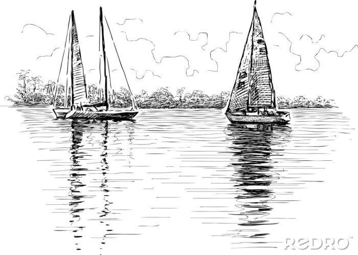 Behang Geschetste zeilboot op het water