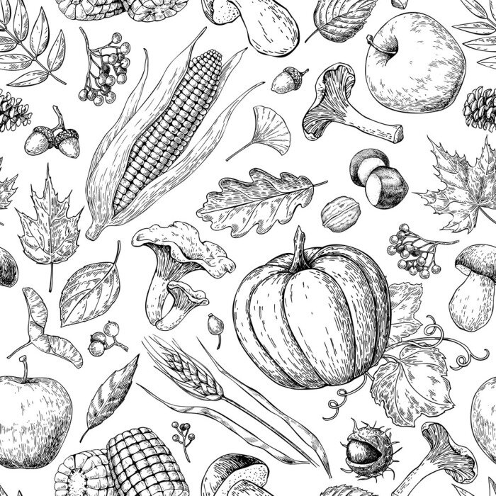 Behang Geschetste zwart-witte groenten