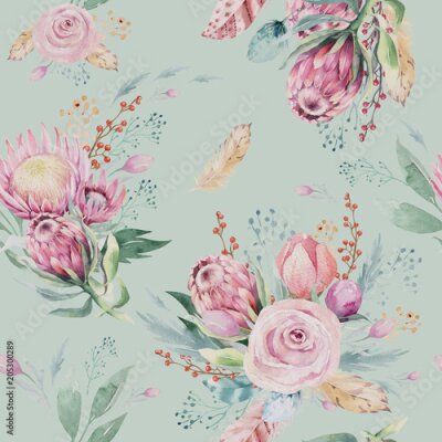 Behang Geschilderde bloemen rozen en protea