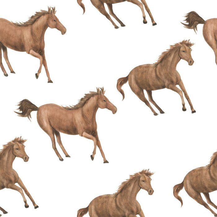 Behang Geschilderde bruine paarden op een witte achtergrond