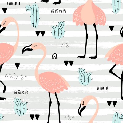 Behang Geschilderde flamingo's en cactussen