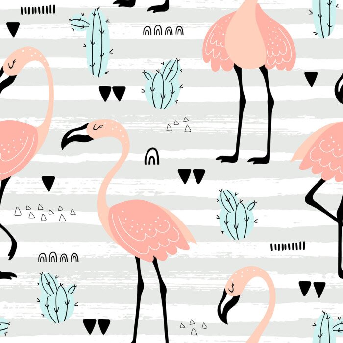 Behang Geschilderde flamingo's en cactussen