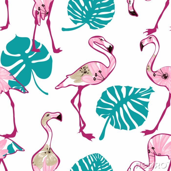 Behang Geschilderde flamingo's met bladeren