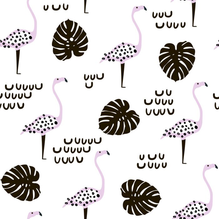 Behang Geschilderde flamingovogels en monsterabladeren