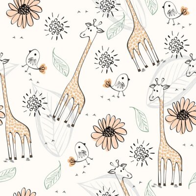 Geschilderde giraffen vogels en bladeren
