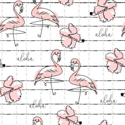 Behang Geschilderde tropische flamingo's en letters