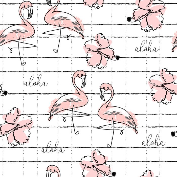 Behang Geschilderde tropische flamingo's en letters