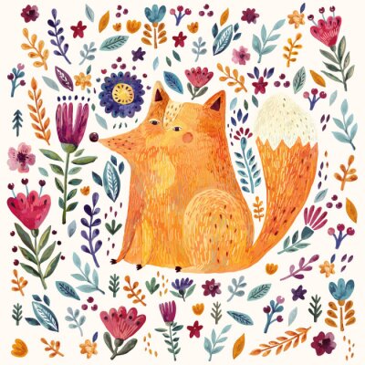 Behang Geschilderde vos tussen kleurrijke bloemen