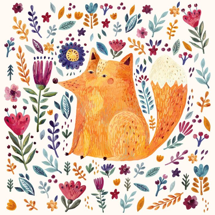 Behang Geschilderde vos tussen kleurrijke bloemen