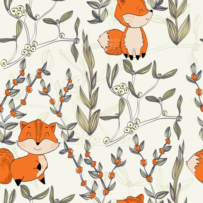 Behang Geschilderde vossen en groene takjes