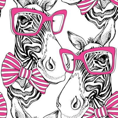 Behang Geschilderde zebra's met roze bril en strikjes