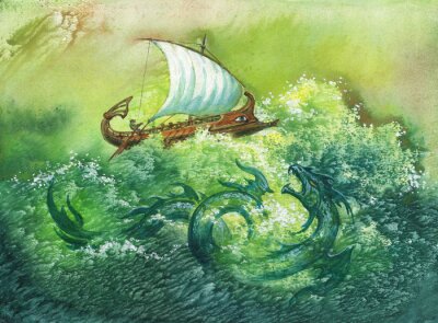 Geschilderde zeilboot met groen water