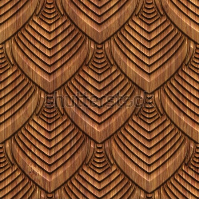 Behang Gesneden patroon op houten naadloze textuur als achtergrond, 3d illustratie