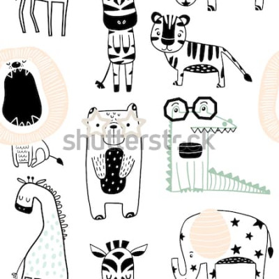 Behang Getekende dieren op een witte achtergrond