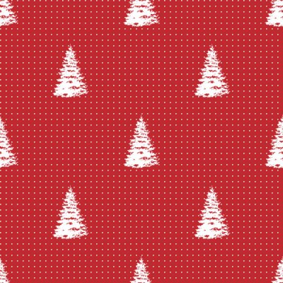 Behang Getekende witte kerstbomen op een rode achtergrond