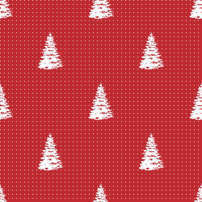 Behang Getekende witte kerstbomen op een rode achtergrond